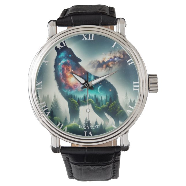 Reloj De Pulsera Fantasy Cute Wolf Forest Space (Anverso)