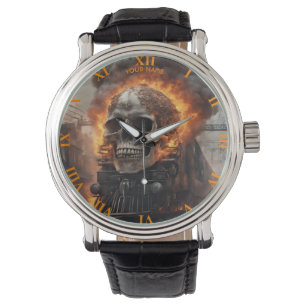Reloj De Pulsera Fantasy Skull Train Flames Wreck