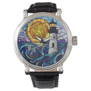 Reloj De Pulsera Faro de vidrio emplomado Océano Atardecer