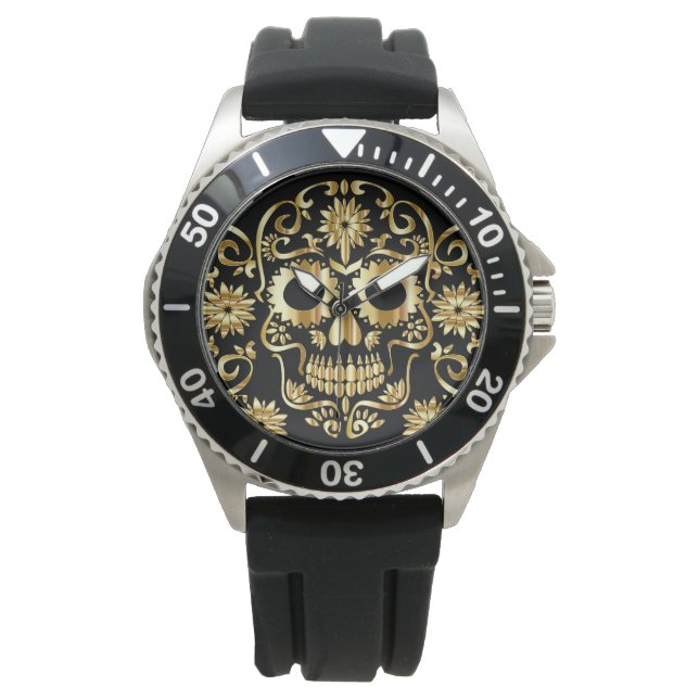 Reloj De Pulsera Faux Gold Sugar Skull Print Watch (Anverso)