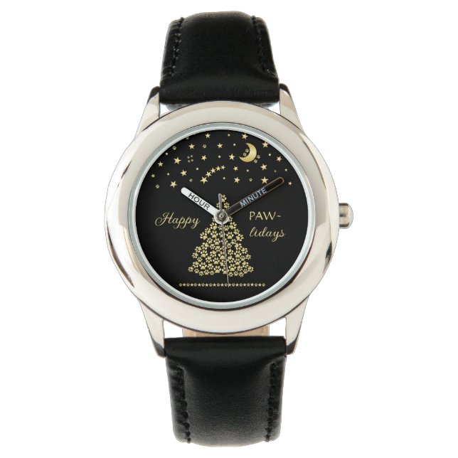 Reloj De Pulsera Felices Pawlidays, árbol de navidad Gold brillante (Anverso)