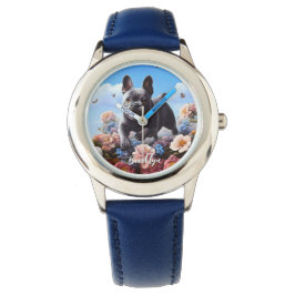 Reloj De Pulsera Feliz Bulldog y flores azules de Francia