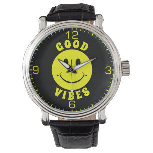 Reloj De Pulsera Feliz cara amarilla buena vides negro