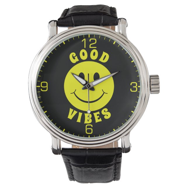 Reloj De Pulsera Feliz cara amarilla buena vides negro (Anverso)