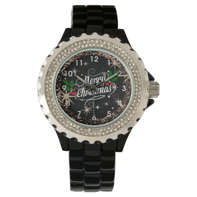 Reloj De Pulsera Feliz destello navideño y purpurina, (Anverso)