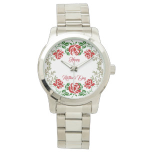 Reloj De Pulsera Feliz Día de la Madre Rojo Roses Roses Floral Gree