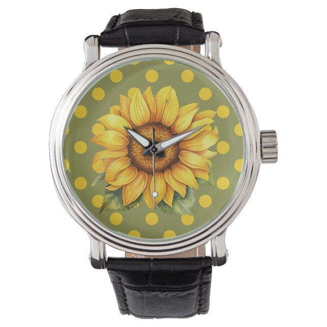 Reloj De Pulsera Feliz girasol amarillo y verde al polka-dot (Anverso)