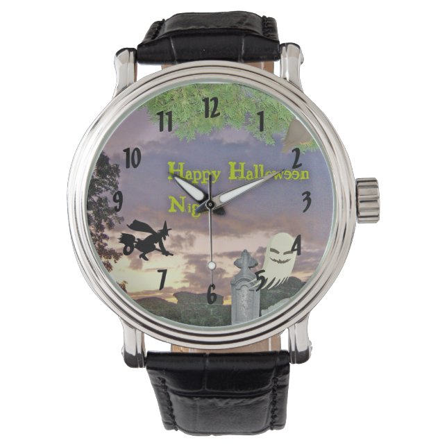 Reloj De Pulsera Feliz Halloween Bruja y Fantasma (Anverso)