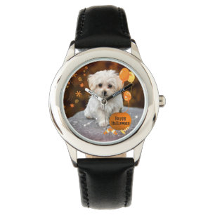 Reloj De Pulsera Feliz Halloween de cachorro maltés