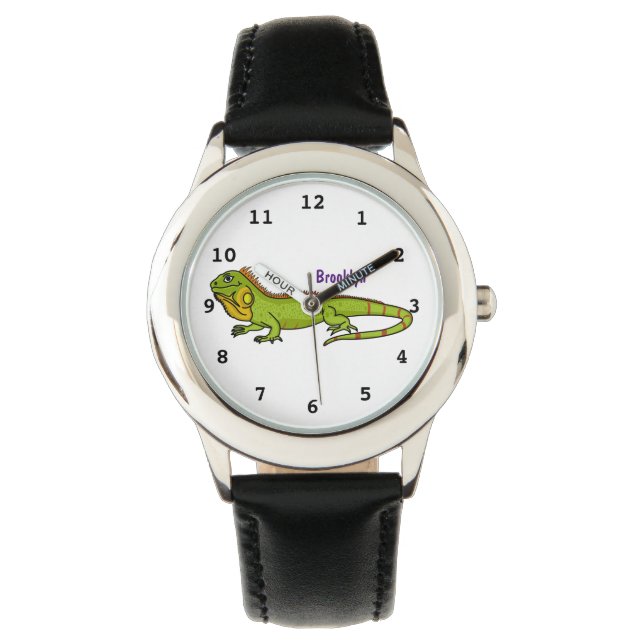 Reloj De Pulsera Feliz ilustracion personalizado de iguana verde (Anverso)