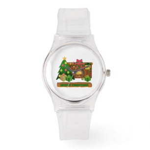 Reloj De Pulsera Feliz Navidad cerca de la chimenea de fuego árbol 