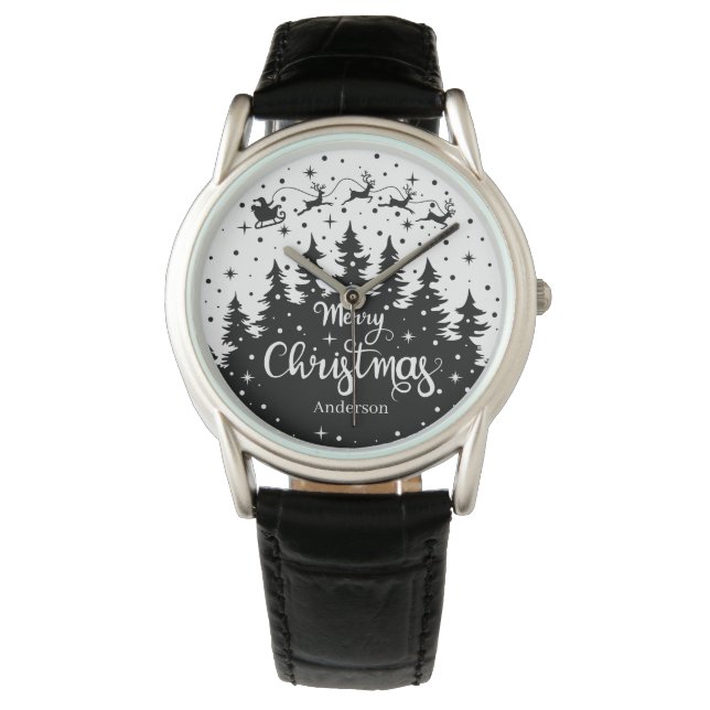 Reloj De Pulsera Feliz Navidad Pine Santa Claus Reindeer Sleigh (Anverso)