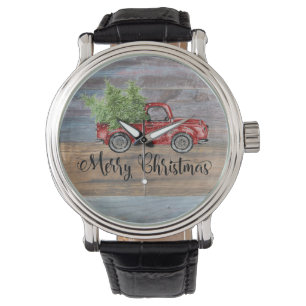 Reloj De Pulsera Feliz Navidad Rustic Wood Y Camión Rojo Cuto