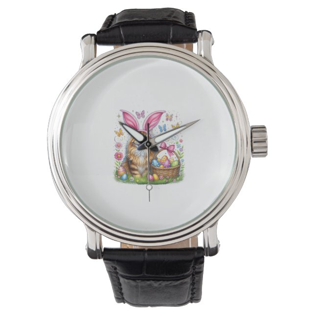 Reloj De Pulsera Feliz Pascua Conejito Maine Coon Gatos Huevos de P (Anverso)