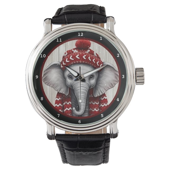 Reloj De Pulsera Festive Winter Elephant Wearing Cozy Hat (Anverso)