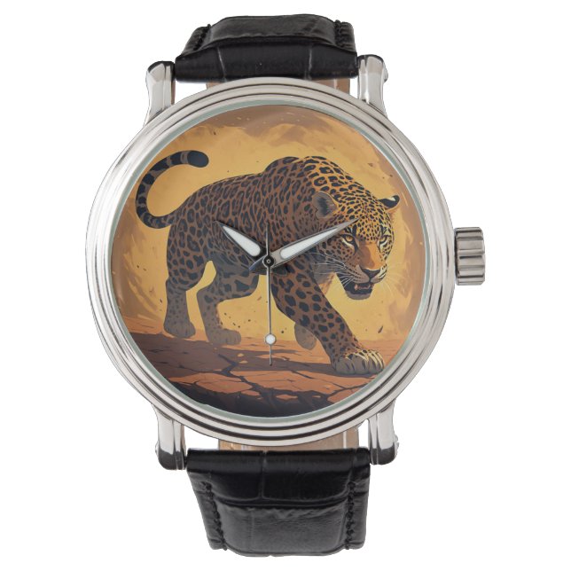 Reloj De Pulsera Fiero Leopardo Merodeando al Atardecer (Anverso)