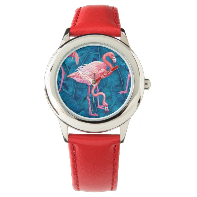 Reloj De Pulsera Flamencos en hojas azules de banano (Anverso)