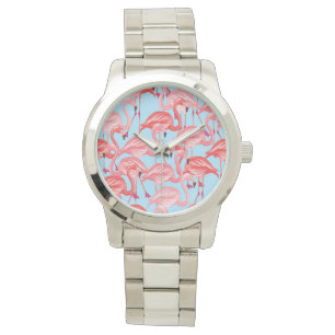 Reloj De Pulsera Flamencos rosados brillantes en azul