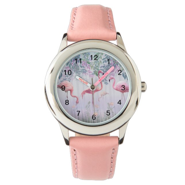Reloj De Pulsera Flamencos rosados de la familia Tropical Cute (Anverso)