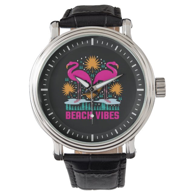 Reloj De Pulsera Flamencos rosados de los pepitas de playa-19501 (Anverso)
