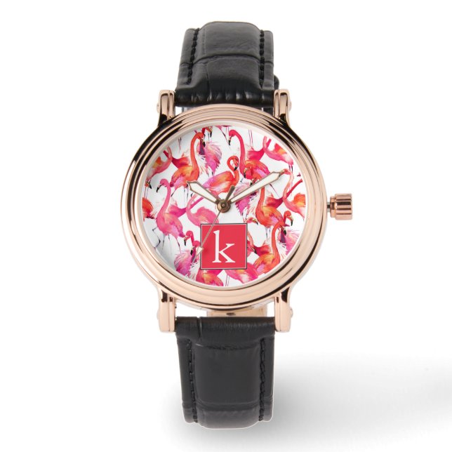 Reloj De Pulsera Flamingo acuático en acuarelas | Añadir su nombre (Anverso)