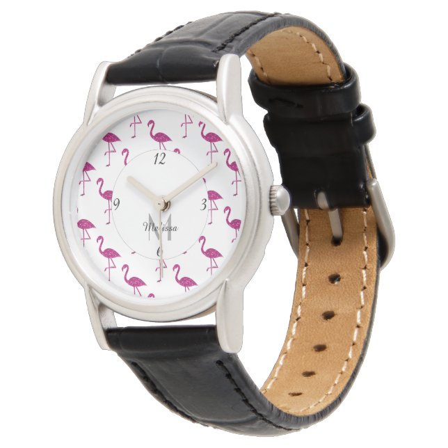 Reloj De Pulsera Flamingo espumoso purpurina rosa chispas Monograma (Angular)