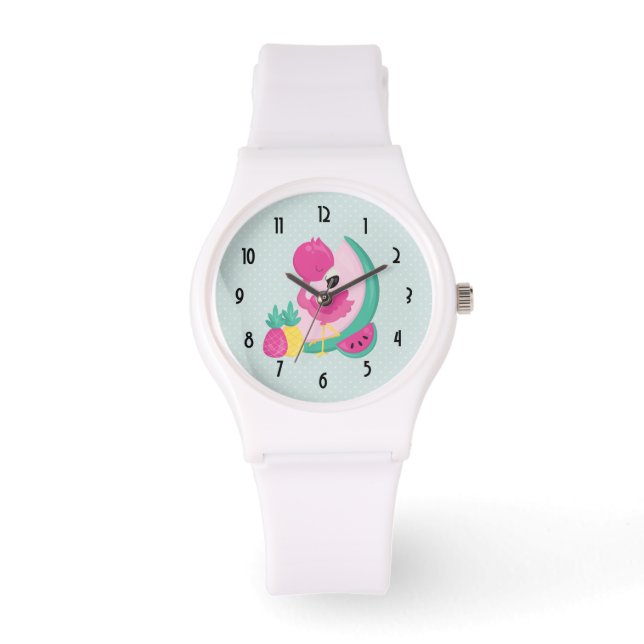 Reloj De Pulsera Flamingo rosa con sandía y piña (Anverso)