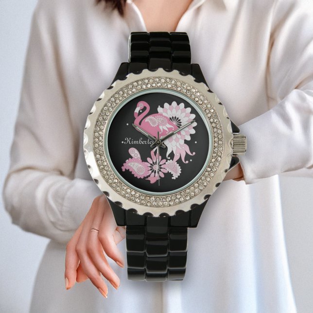 Reloj De Pulsera Flamingo rosa paisley negro moderno personalizado (Subido por el creador)