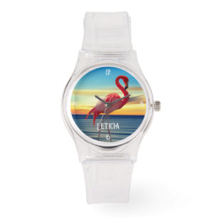 Reloj De Pulsera Flamingo rosa y atardecer oceánico