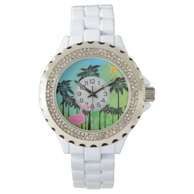 Reloj De Pulsera flamingo rosa y palmas vigilancia diamante de imit (Anverso)
