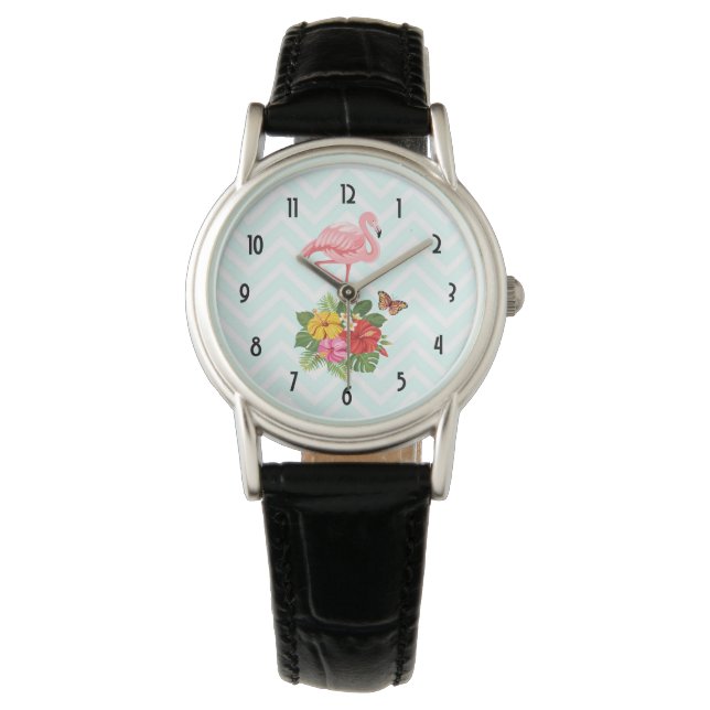 Reloj De Pulsera Flamingo rosado y flamante tropical hibiscus (Anverso)