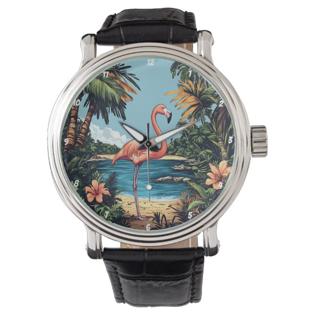 Reloj De Pulsera Flamingo Tropical Beach Wall Art (Anverso)