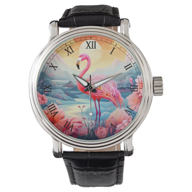 Reloj De Pulsera Flamingo tropical con flores-76280 (Anverso)