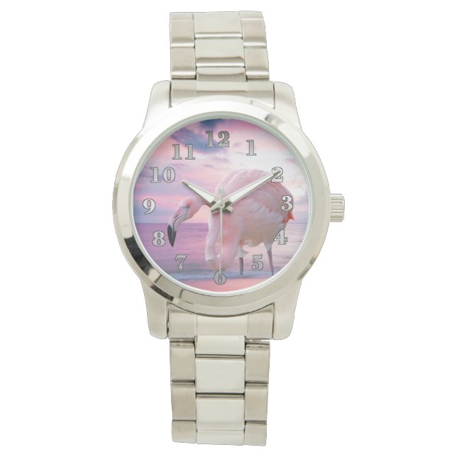 Reloj De Pulsera Flamingo y cielo rosa (Anverso)