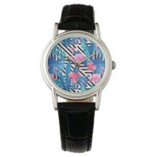 Reloj De Pulsera Flamingo y palmas en patrón geométrico