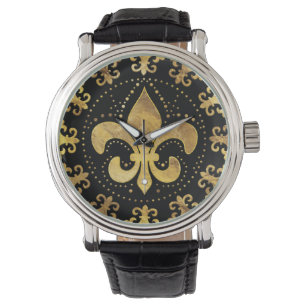 Reloj De Pulsera Fleur-de-lis - adorno circular - Oro y negro
