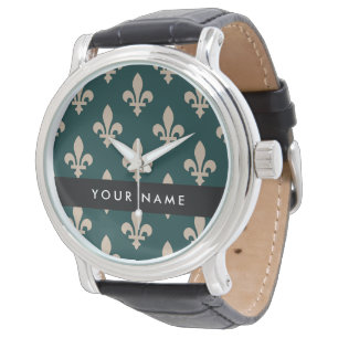 Reloj De Pulsera Fleur de Lis, beige sobre verde, real, tu nombre
