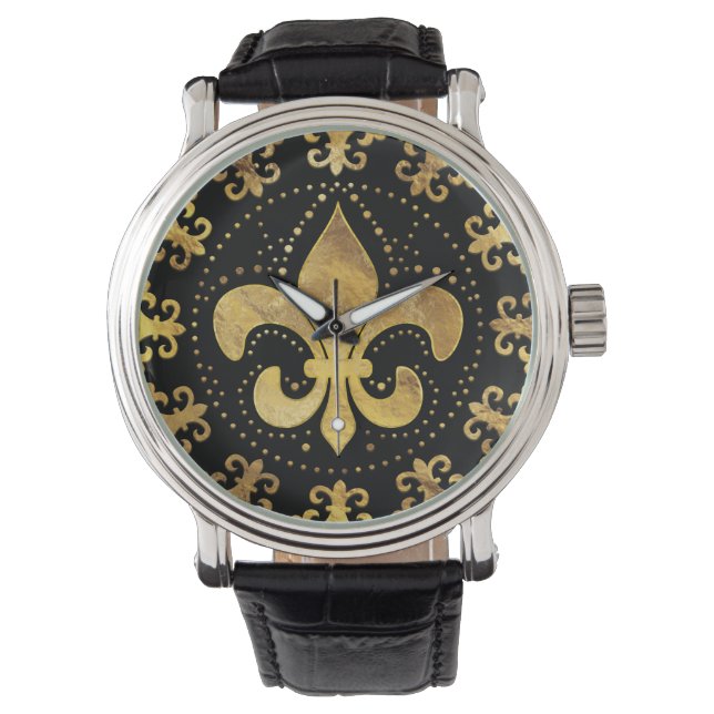 Reloj De Pulsera Fleur-de-lis - ornamento circular - Oro y negro (Anverso)