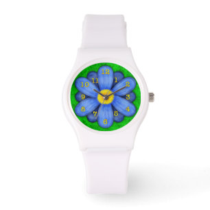 Reloj De Pulsera Flor azul de margarita sobre la belleza verde