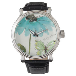Reloj De Pulsera Flor azul y mariposa