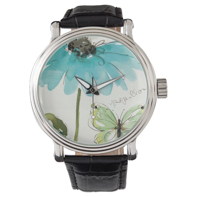 Reloj De Pulsera Flor azul y mariposa (Anverso)