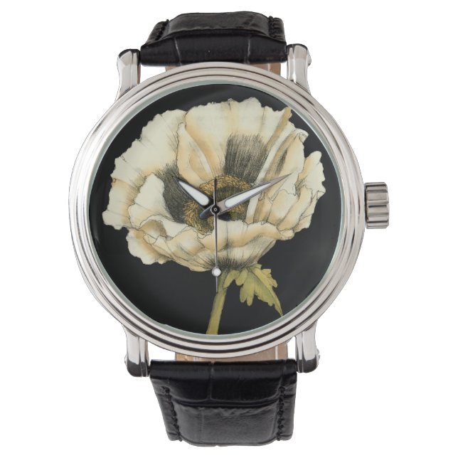 Reloj De Pulsera Flor de amapola crema en fondo negro (Anverso)