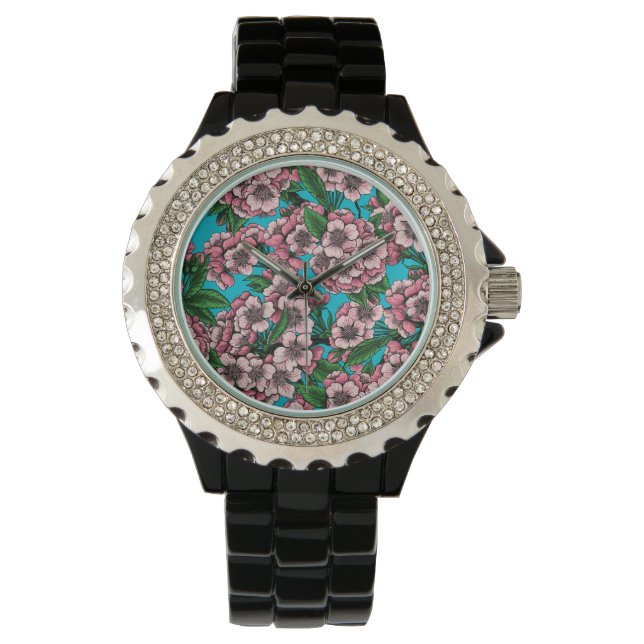 Reloj De Pulsera Flor de cerezo en azul (Anverso)