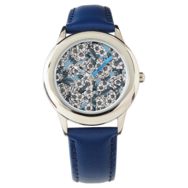 Reloj De Pulsera Flor de cerezo en blanco y azul (Anverso)