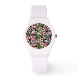 Reloj De Pulsera Flor de cerezo y pollos en verde