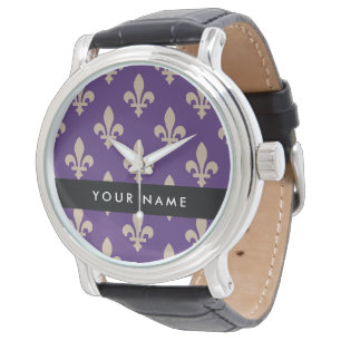 Reloj De Pulsera Flor de Lis, Beige sobre Púrpura, Real, Tu Nombre