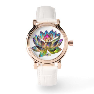 Reloj De Pulsera Flor de Loto Colorida de Vidrio Pintado sobre Blan