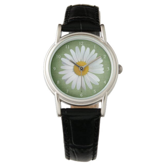 Reloj De Pulsera Flor de margarita blanca perky con fondo verde (Anverso)