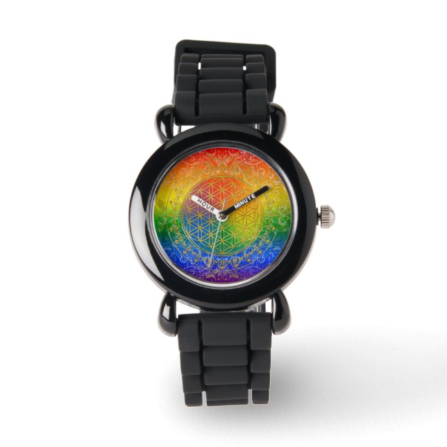 Reloj De Pulsera Flor de vida - Oro ornamento arcoiris (Anverso)