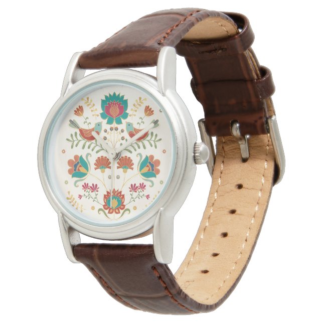 Reloj De Pulsera Flor Folclórica Con Aves (Angular)
